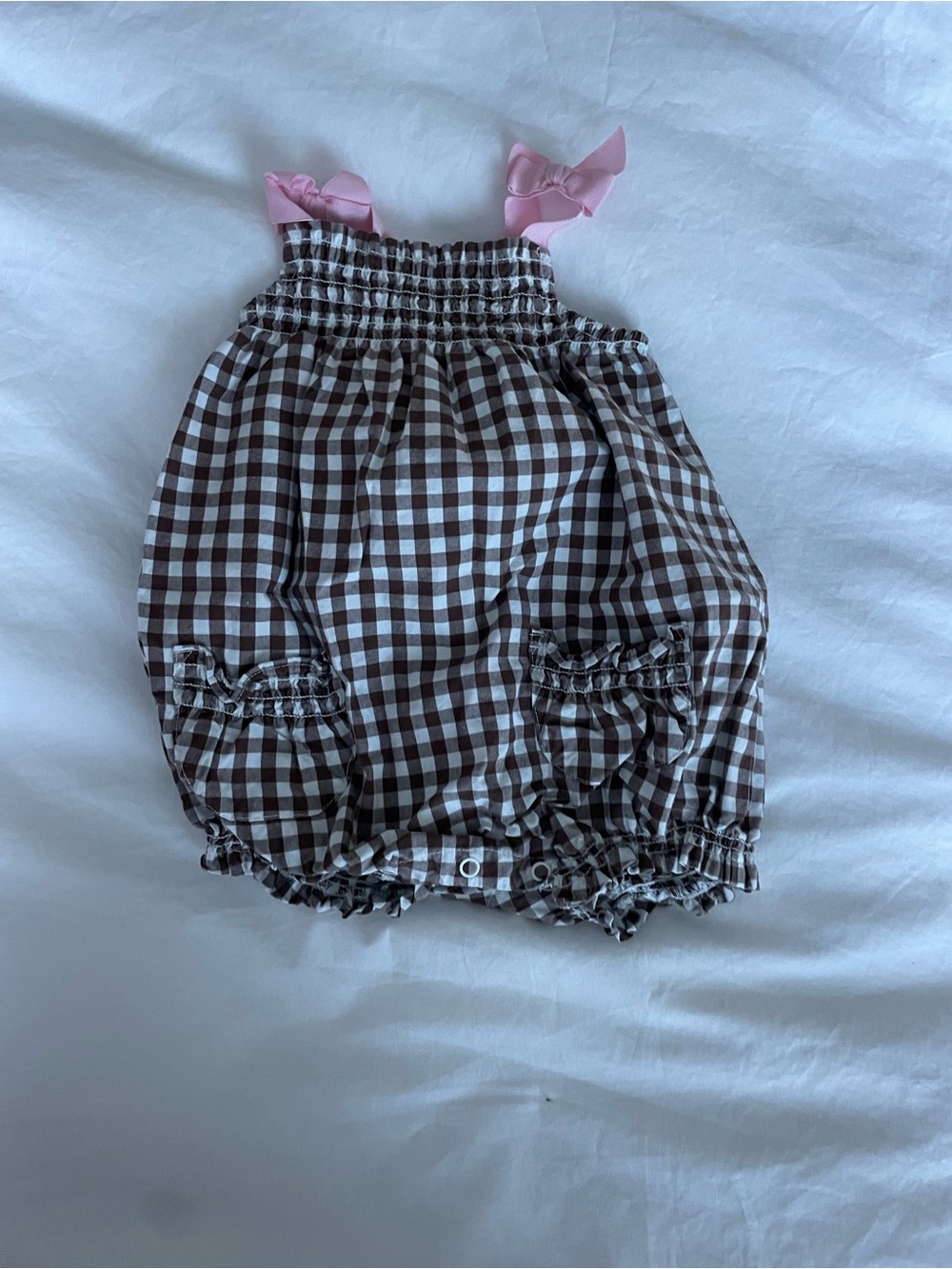 Gymboree Brown Gingham Romper with Pink Ribbon Straps